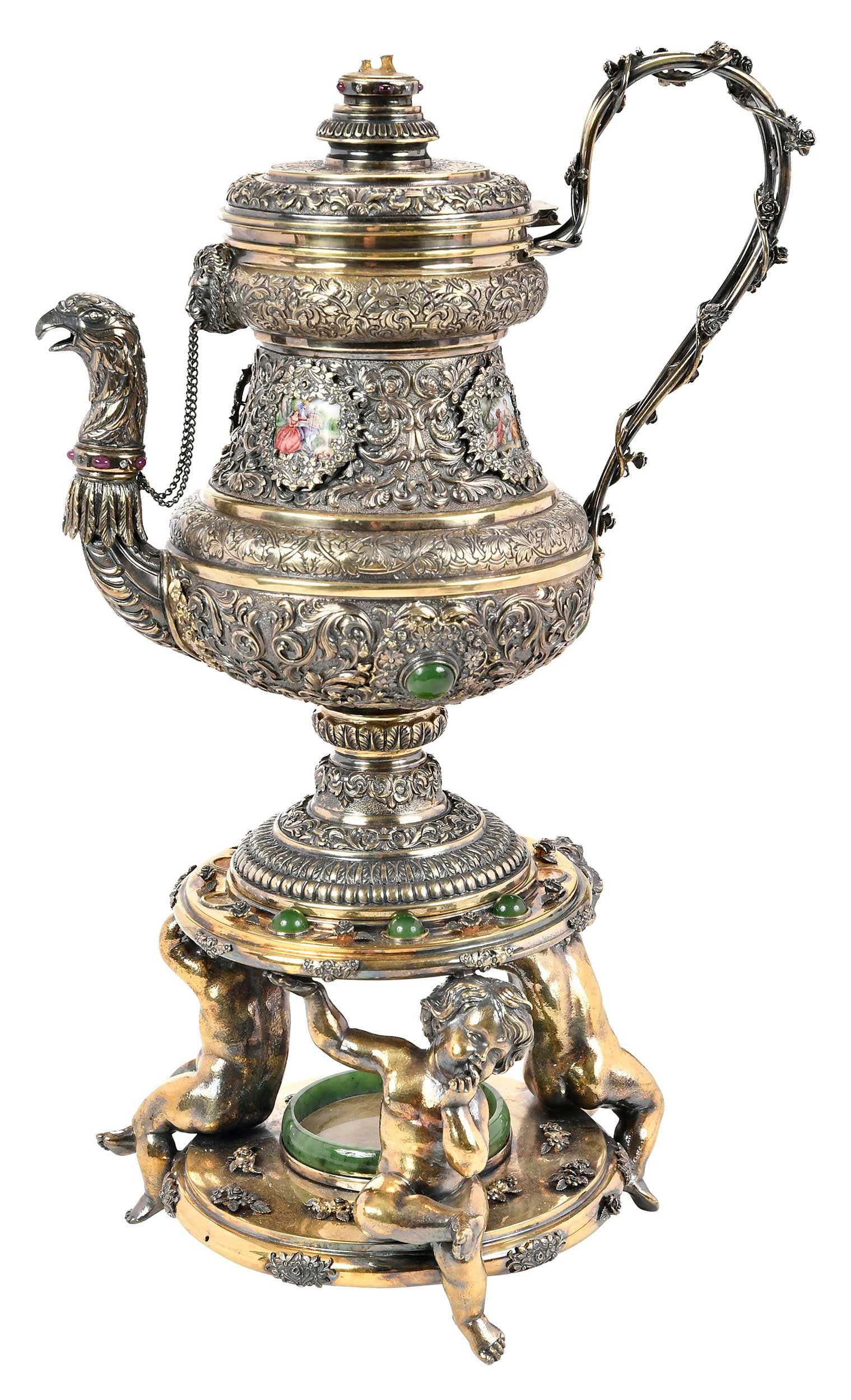 Continental Jade and Gemstone Silver Tea Kettle: probably 19th century, urn form with scroll decoration, applied enamel courting scenes, final and spout with ring set with diamonds and cabochon rubies, test .850 fine, later insert on base marked ste