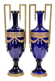 Two Gilt Bronze Mounted Cobalt Porcelain Vases