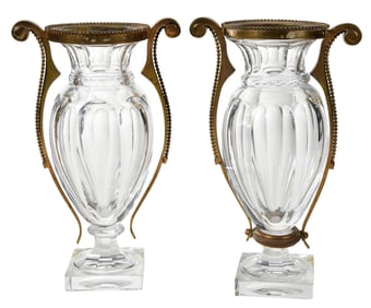 Pair Baccarat Gilt Bronze Mounted Urns