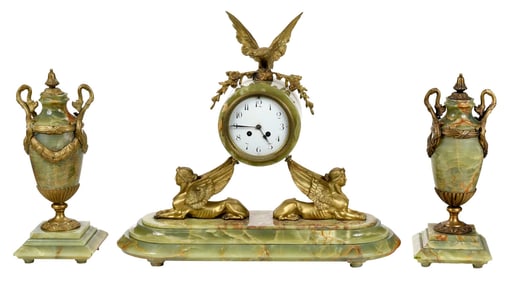 French Art Deco Onyx and Gilt Bronze Clock Garniture