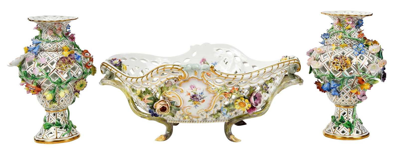 Meissen Flower Encrusted Reticulated Porcelain Garniture: German, late 19th/early 20th century, each with crossed swords mark to base, enamel and gilt decoration, comprising: large center bowl with vine form feet, the base impressed "G155", 6-3/4 x 16-3/4 x 
