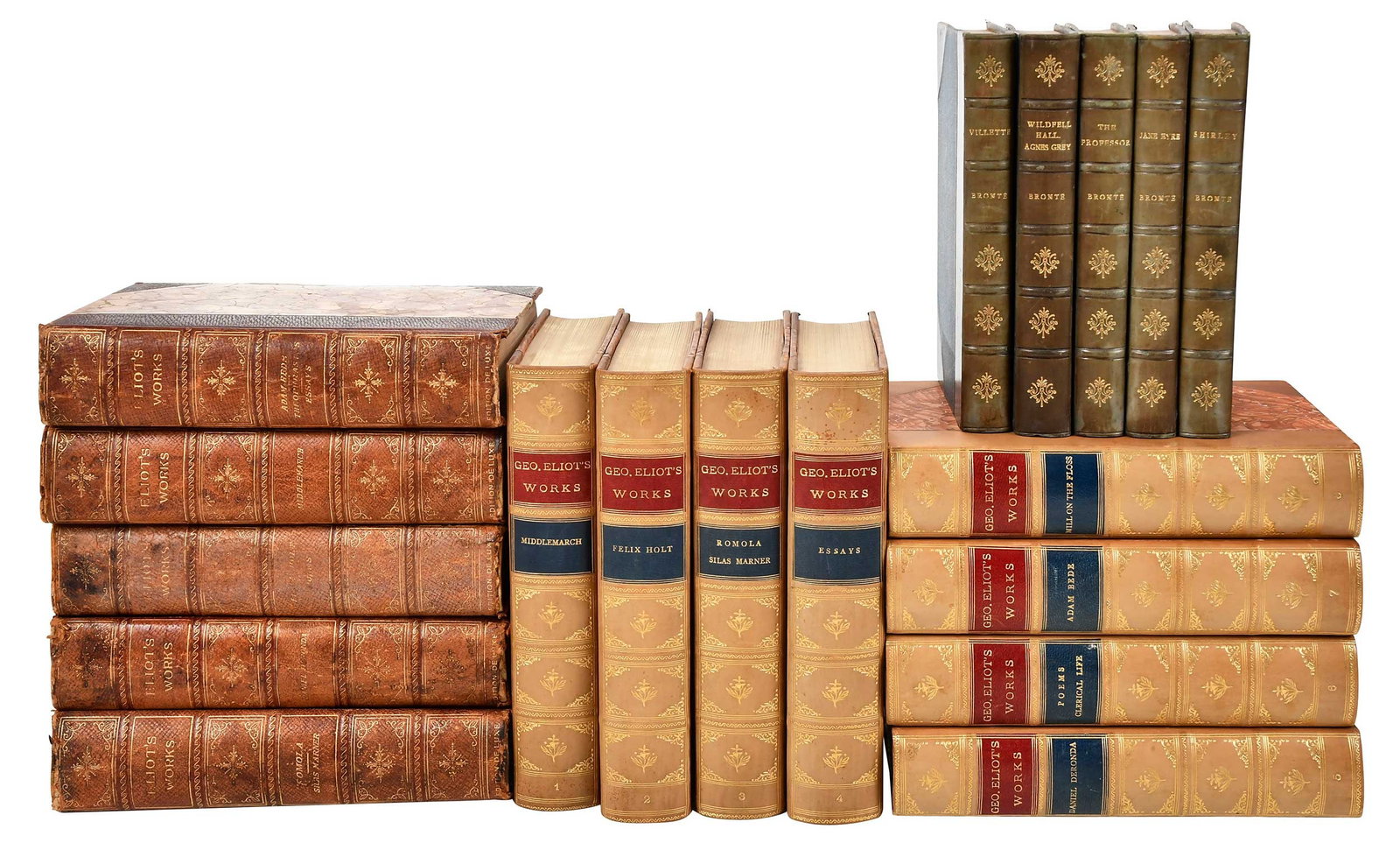 English Literature Group, 18 Volumes: 18 volumes total, including: Charlotte Bronte's Works, London: Robert Riviere & Son, n.d., five volumes, bound in signed Riviere binding, three quarter blue leather, gilt lettering and decoration to s