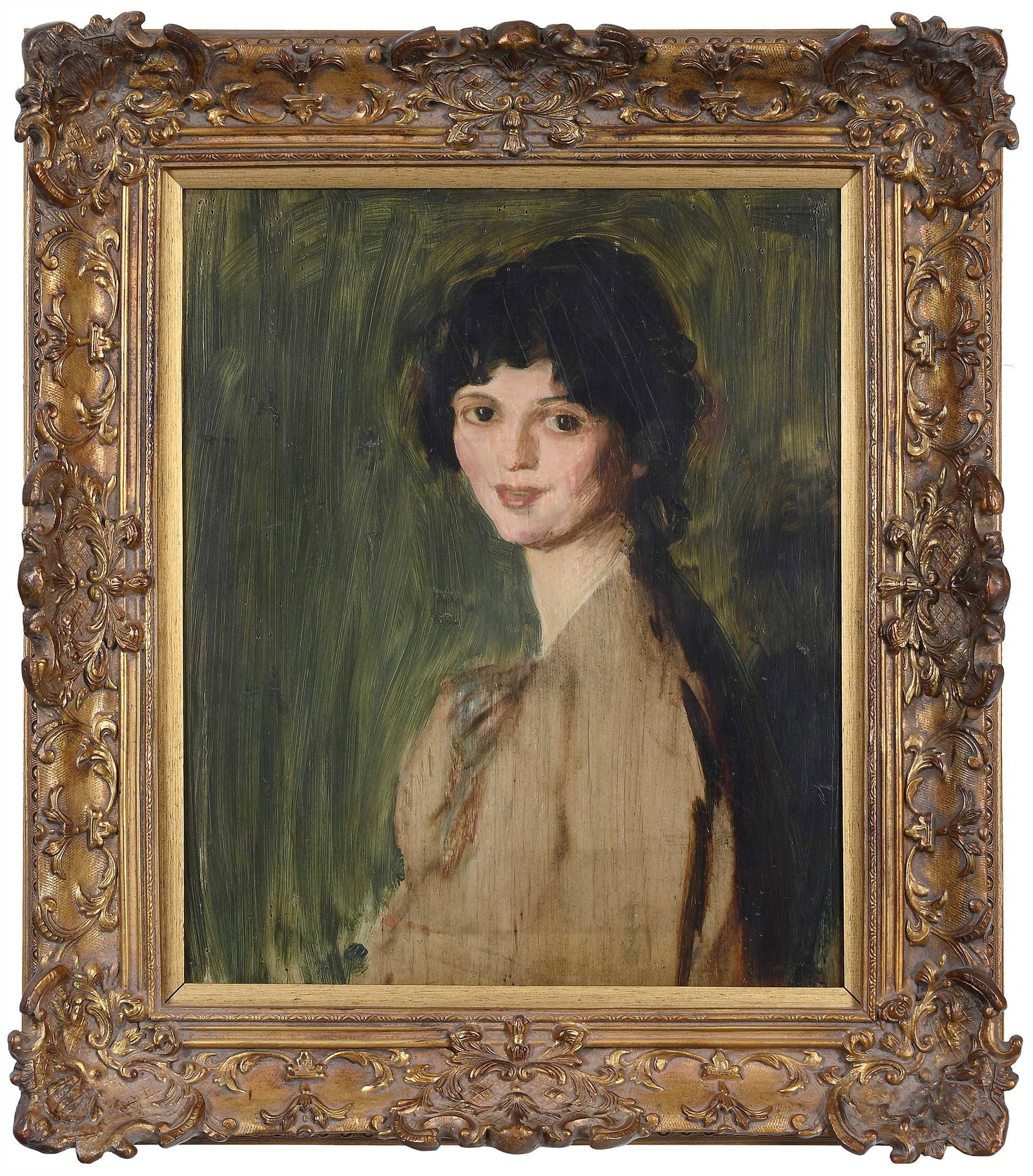 American School Portrait: (American or Continental, late 19th/early 20th century) Portrait of a Lady, unsigned, oil on panel, 25 x 20 in.; carved gilt wood frame, 33 x 29 in. Provenance: Private Collection, Alabama