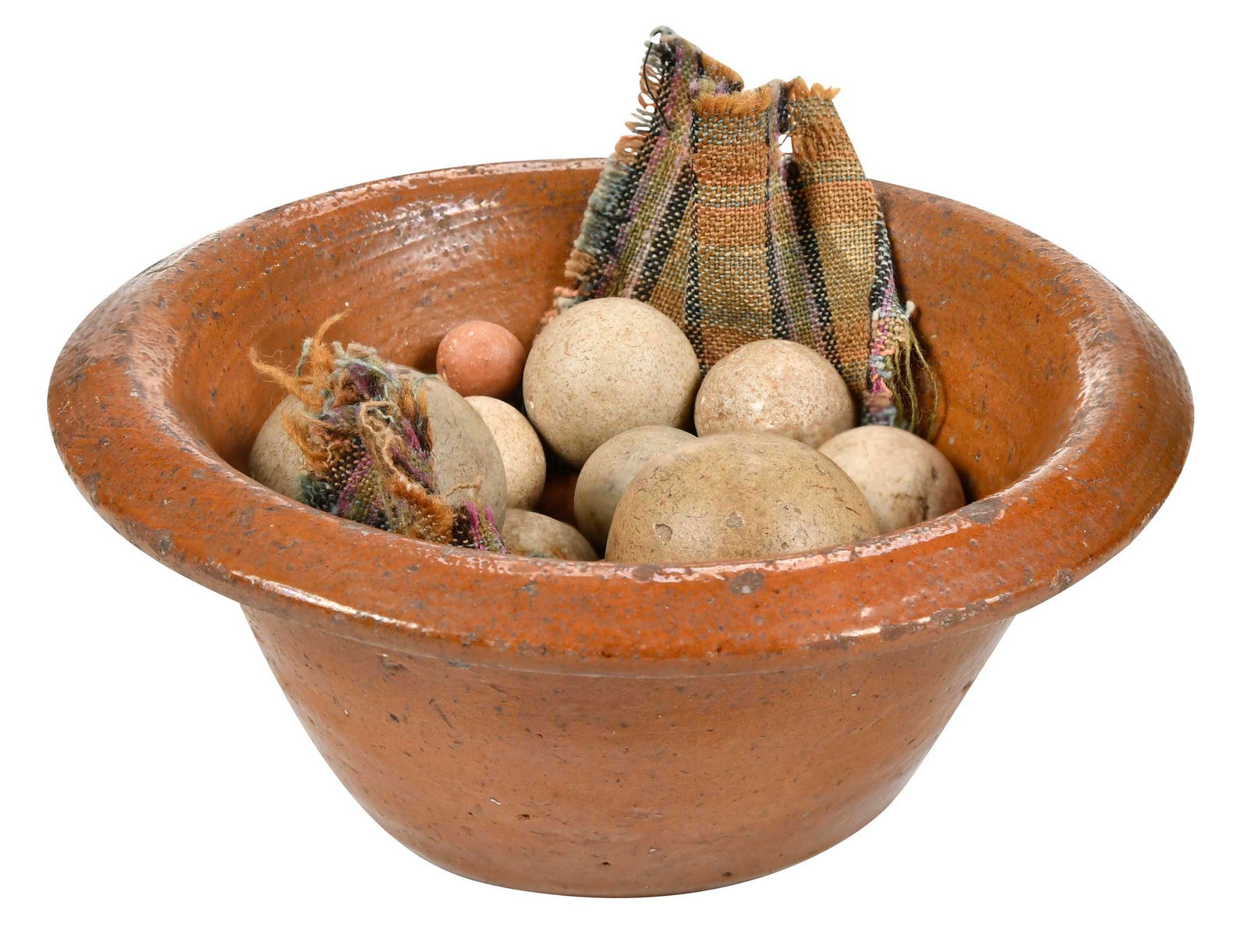 Redware Bowl with Rare Salem North Carolina Marbles: Forsyth County, early period, clay, unglazed, various colors, white, brown, red, pink, and black, various sizes, 1-1/4 in. down to 3/8 in., lead glazed earthenware bowl, 2-1/2. x 6-1/4 in. Provenance: