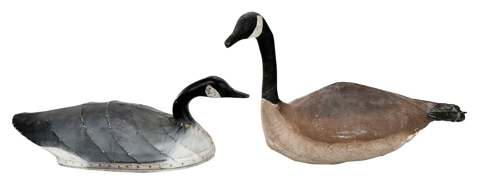Two Canada Goose Decoys: mid 20th century, comprising: Joe Hayman (Coinjock, North Carolina), canvas-over-wire body, swimming form, laminate wooden head and neck, wooden bottom board with rigging loop, 9 x 26 x 9-1/4 in.; Joh