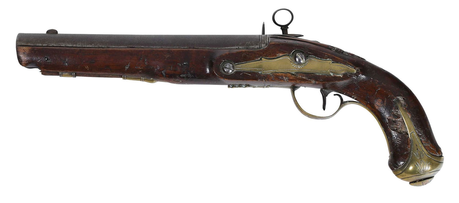 Continental Miquelet Flintlock Pistol: possibly Spanish, large caliber, 3/4 in. bore, 8-3/4 in. round barrel, miquelet style lock with some engraving, brass butt plate, side plate, trigger guard, ram rod guide and thimbles, stock with reli