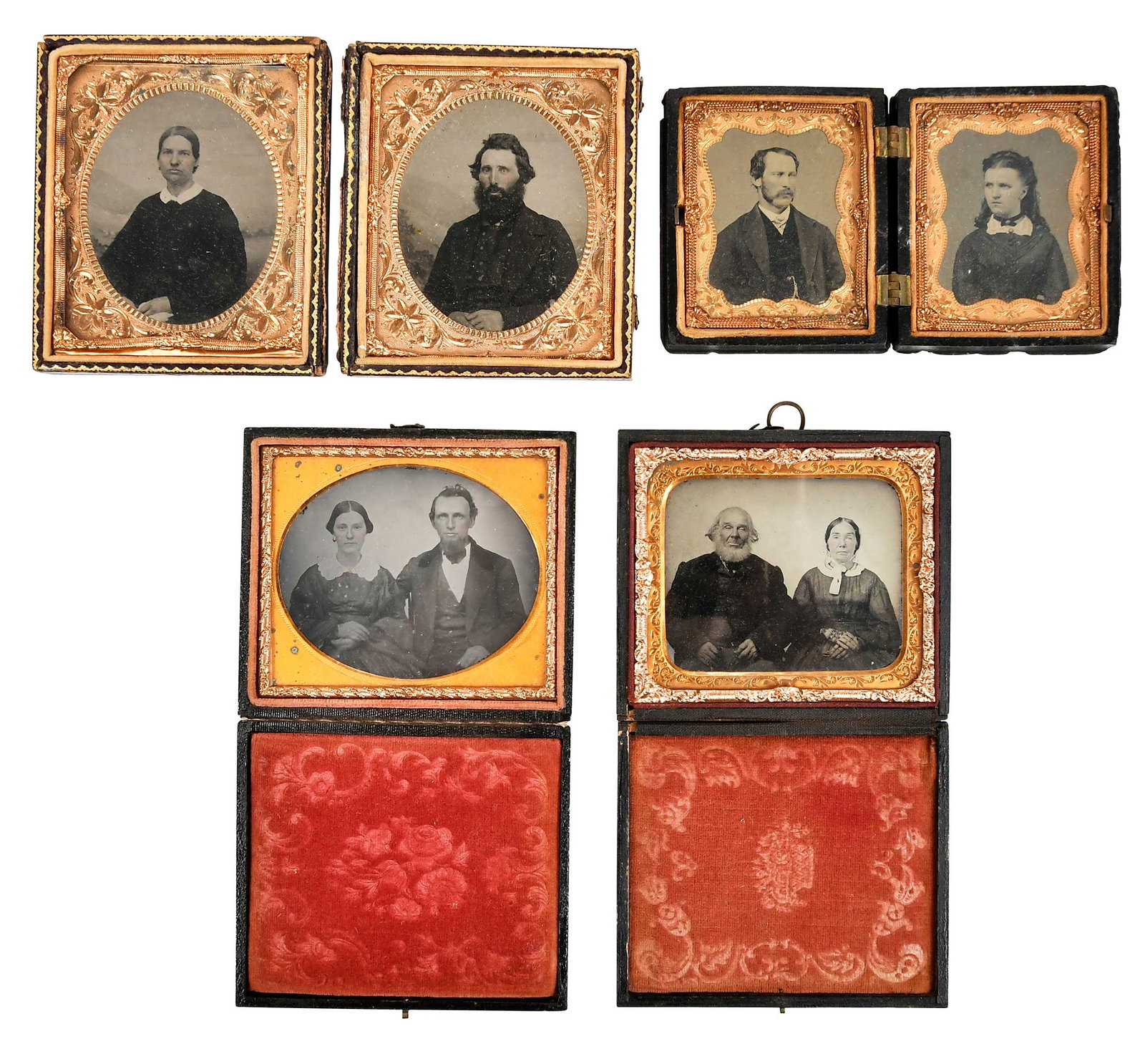 Group of Four Daguerreotypes of Couples: 19th century, four images of men and women, presumably married couples, each housed in frame with gilt accents, largest 6-1/2 x 3-1/2 in. (opened) Provenance: Collection of Michael L. Carlebach