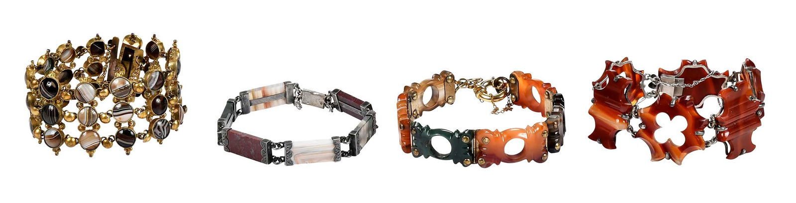 Four Gemstone Bracelets: comprising: six carved banded agate medallions, each approx. 1 in. x 1 in., silver mounts, not stamped, safety chain, approx. 7 in. length, 28.3 g; 12 columns of three banded agate round cabochons, ap