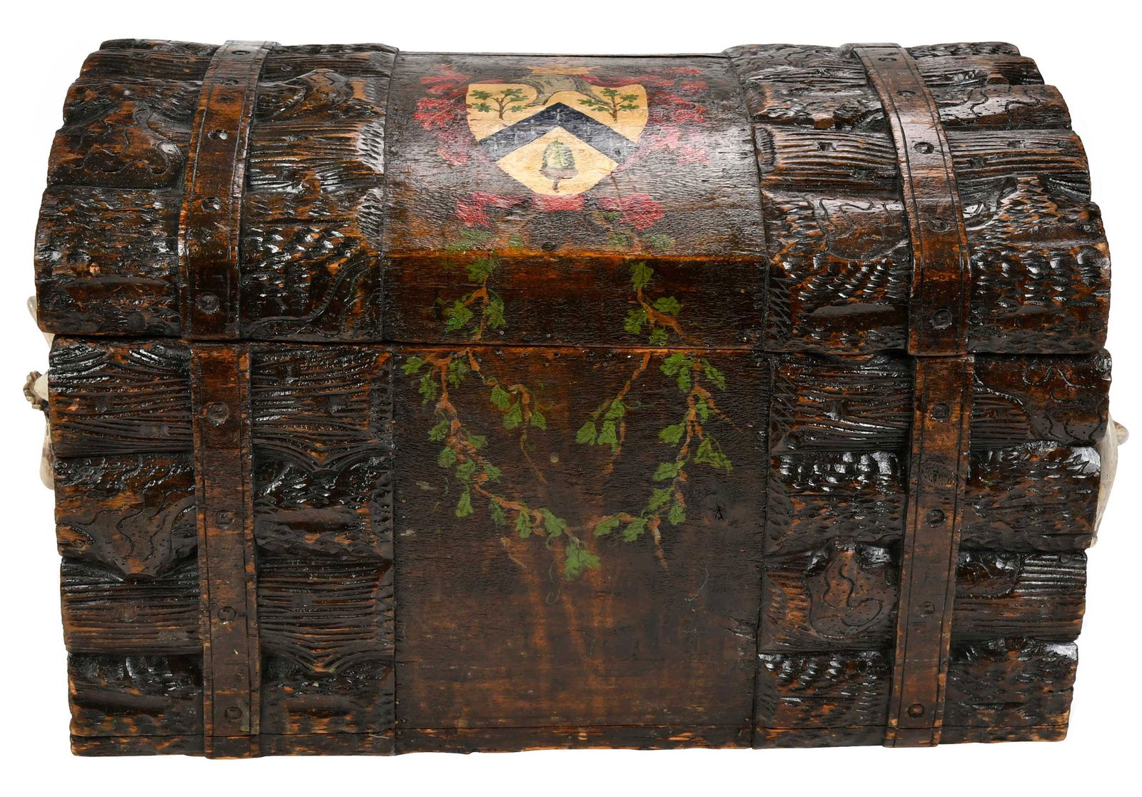 Carved Wood Armorial Chest with Antler Handles (1 of 11)