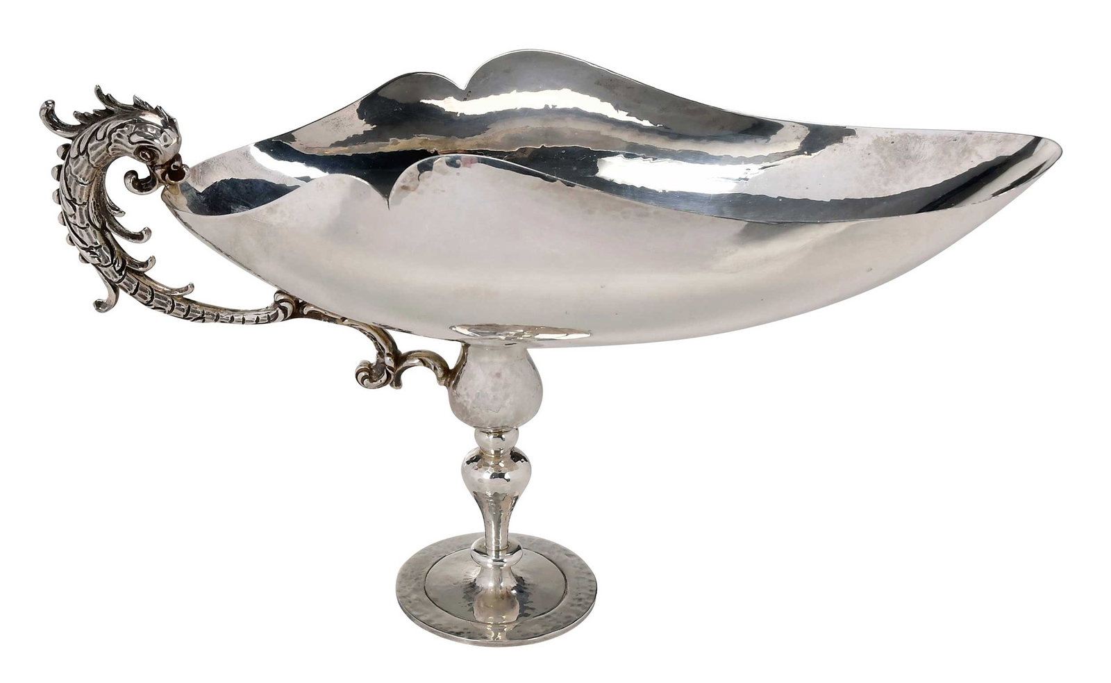 Italian Sterling Urn, Bichierografia Pampaloni: 20th century, hammered finish, oval with scroll and dolphin handle, pedestal base, marked "Pampaloni", "Bichierogra", "26", 34.86 oz. T., 8 x 14 x 6 in. Provenance: Property from the Collection of Dee