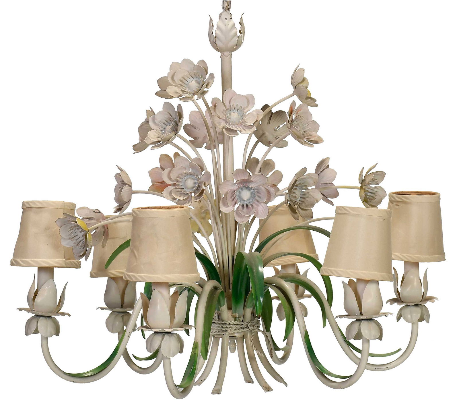 Continental Painted Tole Floral Decorated Six Light Chandelier (1 of 9)
