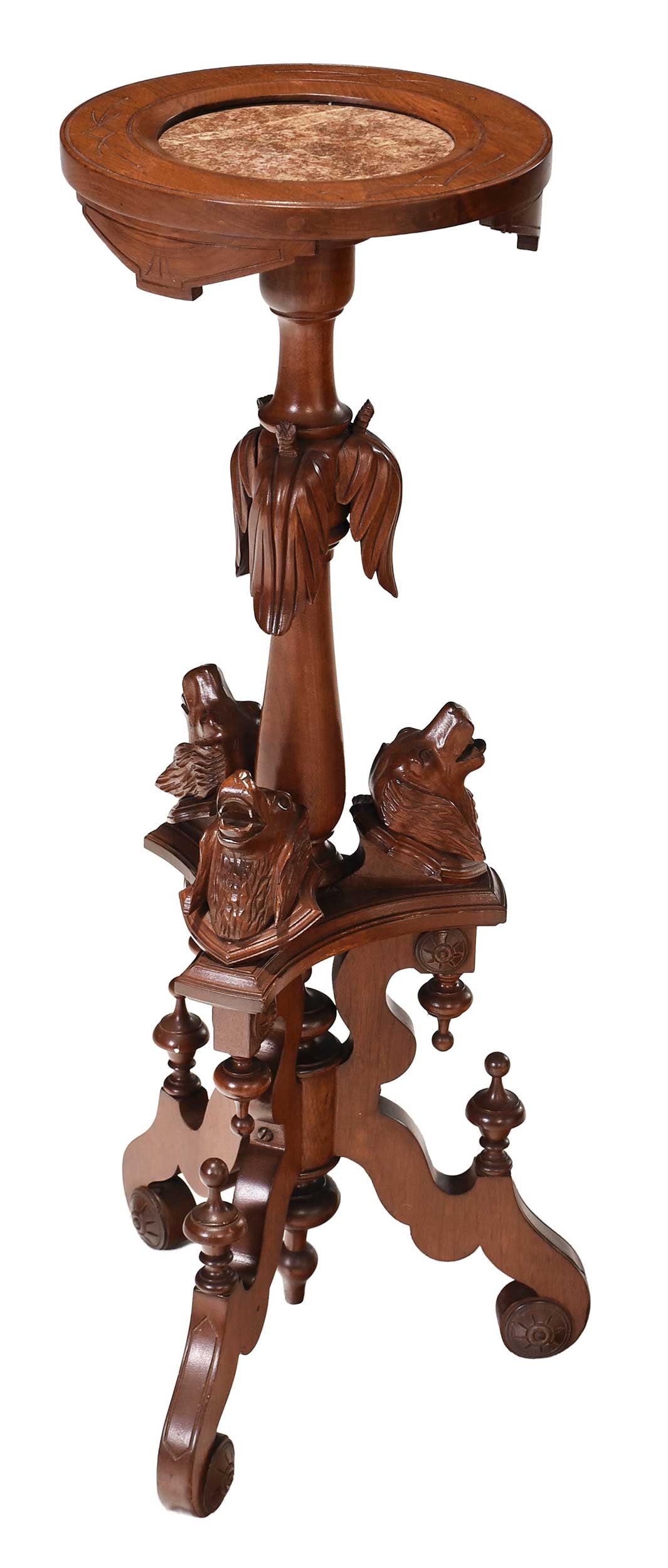 Victorian Carved Walnut Dog Figural Marble Inset Pedestal (1 of 7)