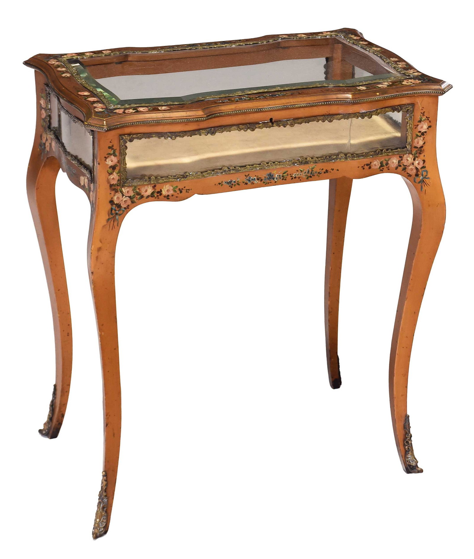 Louis XV Style Painted, Brass Mounted, and Beveled Glass Lift Top Vitrine: French or Italian, circa 1900, in the Vernis Martin taste, with beveled glass and decorated lid opening to fabric lined interior, bronze foot mounts, 29 x 25 x 16 in. Provenance: Private Collection, B