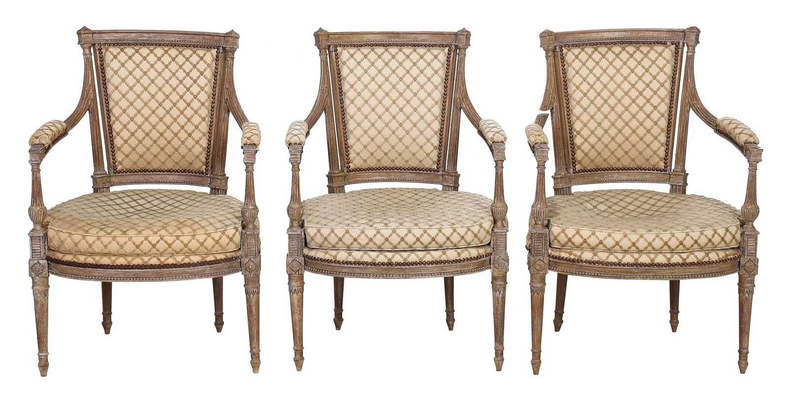 Set of Three Fine Louis XVI Carved and Upholstered Open Armchairs (1 of 8)