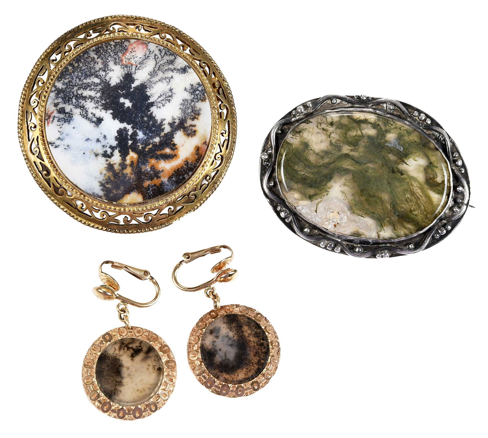 Two Moss Agate Brooches and Pair of Earrings (1 of 8)