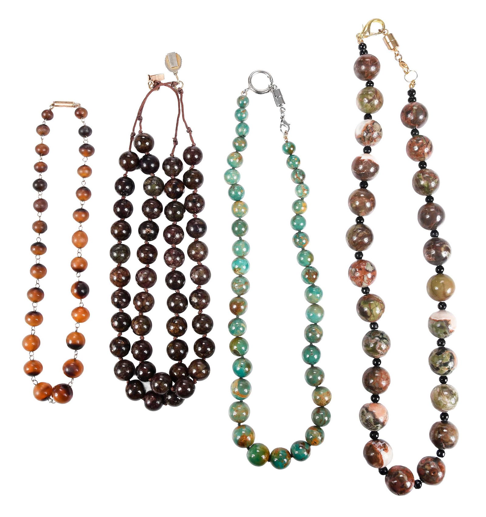 Four Gemstone Bead Necklaces; Amber, Turquoise, Jasper, and Bronzite (1 of 9)