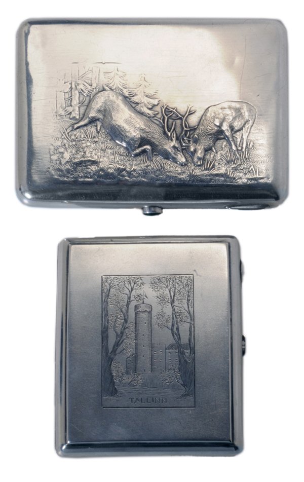Two Russian Silver Cases: one with deer in a landscape, gilt interior, green glass clasp, marks for Moscow, maker "?C", 4-1/2 x 3-3/8 in., [light scratches;] one with engraved rectangle with building in landscape and "Tallinn"