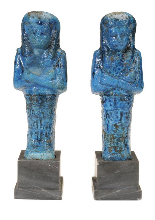 Pair Antique Egyptian Blue-Glazed: Ceramic Figures age unknown, each mummy figure with bright blue glaze and set on later gray marble base (bases probably early 20th century), 7-1/2 in., one with chip and loss to back of head and elbow