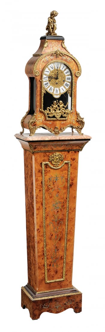 Louis XV Style Burlwood and Mixed: Metals Inlaid Clock and Pedestal modern, clock with German musical movement, 30-1/4 x 14 x 7 in., pedestal 44 x 16 x 8 in., excellent condition overall, minor corrosion to mounts at base, other minor 