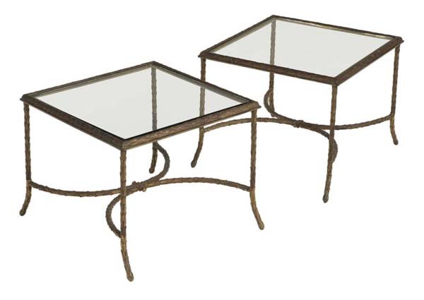 Pair Italian Neoclassical Style Bronze: and Glass Side Tables early 20th century, each with leaf-form brass or bronze frame with half-moon stretchers, 17-1/2 x 21-1/4 x 21-1/4 in., one lacking glass top, other with corner chip, frames with 