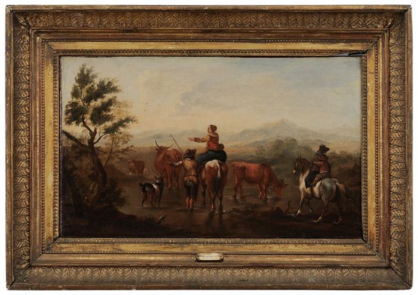Attributed to Norbert Van Bloemen: (Flemish, 1670-1746) Peasants at a River With Livestock, unsigned, oil on canvas, 16-1/4 x 27 in.; early 19th century composition and gilt wood frame, lined with paste and canvas in 19th century, crac