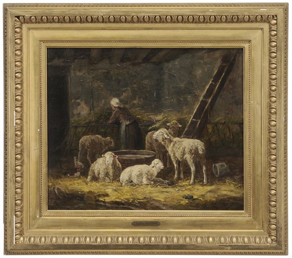 Charles Jacques: (French, 1879-1946) Shepherdess and Sheep in a Barn, signed lower right "C. Jacques" and inscribed lower left "Savaron", oil on canvas, 18-1/8 x 21-3/4 in.; original gilt wood frame, original stretche