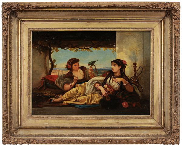 British School: (19th century) Orientalist Harem Scene, signed lower left indistinctly, oil on canvas, 17 x 23-1/4 in.; original 19th century gilt wood and composition frame, lined, restretched on original stretcher,