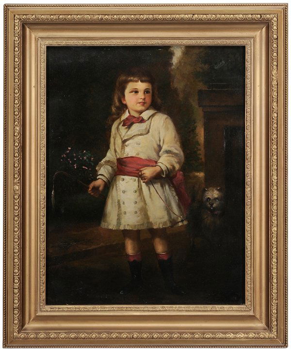 British School: (19th century) Boy with Dog, unsigned, oil on canvas, 26 x 20 in.; original gilt wood and composition frame, original stretcher and tacking edge, restoration upper right, some crackle, grime, scattere
