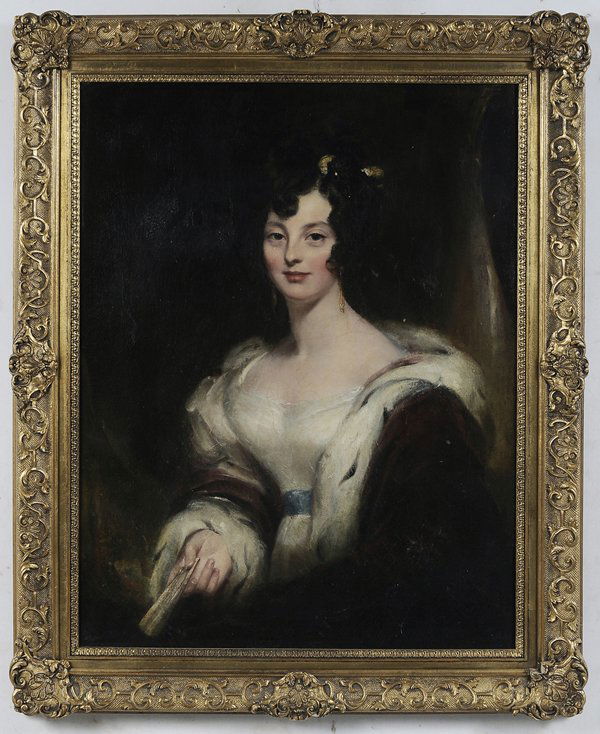 British School: (early 19th century) Portrait of a Lady, with ermine-trimmed robe, unsigned, oil on canvas, 36 x 28 in.; 20th century gilt wood and composition frame, restretched on old stretcher, lined, some retouch