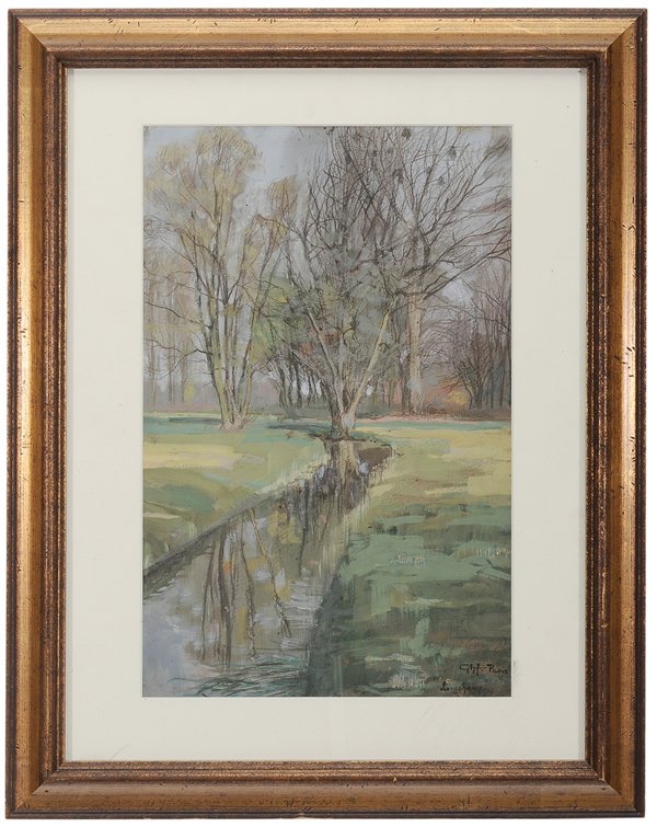 Wilhelm Gallhof: (German, 1878-1918) Autumn Landscape, inscription verso with artist signature, signed lower right "Ghf. Paris, Longchamp", gouache and crayon on paper, 18-1/2 x 12-1/4 in.; 20th century gilt wood fram