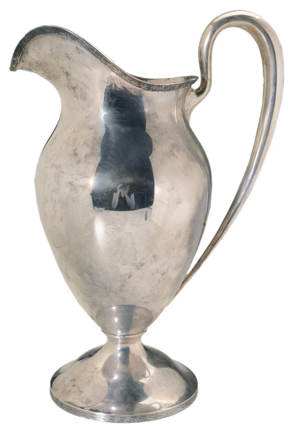 Large Sterling Water Pitcher: American, 20th century, urn-form body, Greek key border, scroll handle, marks for Marcus (New York City, working 1800s-1920s), probably retailer, monogram Deco style "EWR", 54.13 oz.T., 14-3/4 in., go