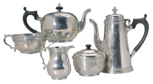 Five-Piece English Silver Tea Service: London, 1953, engraved floral, bellflower, mask and acanthus decoration, wooden handles, marks for Richard Comyns, no monograms, .925 fine, 80.94 oz.T., 8-1/2 in. coffeepot with matching teapot, cream