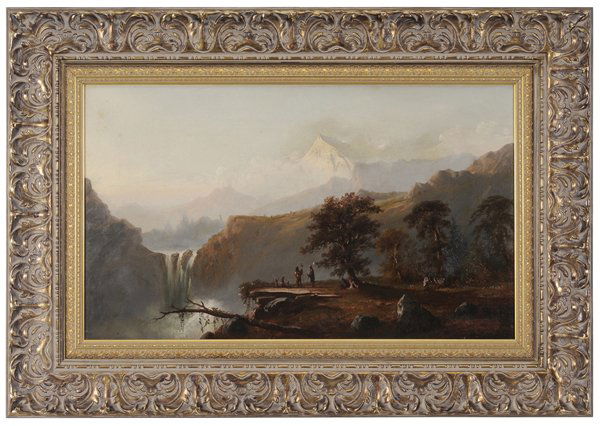 Attributed to Charles Lanman: (District of Columbia, 1819-1895) Indian Breakfast, with Mount Hood in the distance, after a painting titled "The Last of the Race" by John Mix Stanley, unsigned, oil on canvas, 16-1/8 x 27 in.; moder