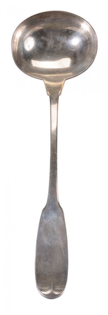 New Orleans Coin Silver Ladle: shaped tipt front fiddle handle, marks for Hyde & Goodrich (New Orleans, Louisiana, 1816-1861), monogram on back "MPL", 8.51 oz.T., 13-1/2 in., light scratches, wear to bowl Provenance: Private Collec