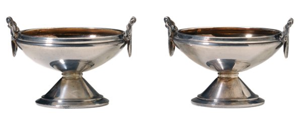 Pair Gorham Coin Silver Medallion: Salts American, 19th century, each with two ribbon and wreath motifs with central medallion, gilt interiors, marks for Gorham, "580", no monograms, 3.83 oz.T., 2 x 3 x 2-3/4 in., good condition Proven