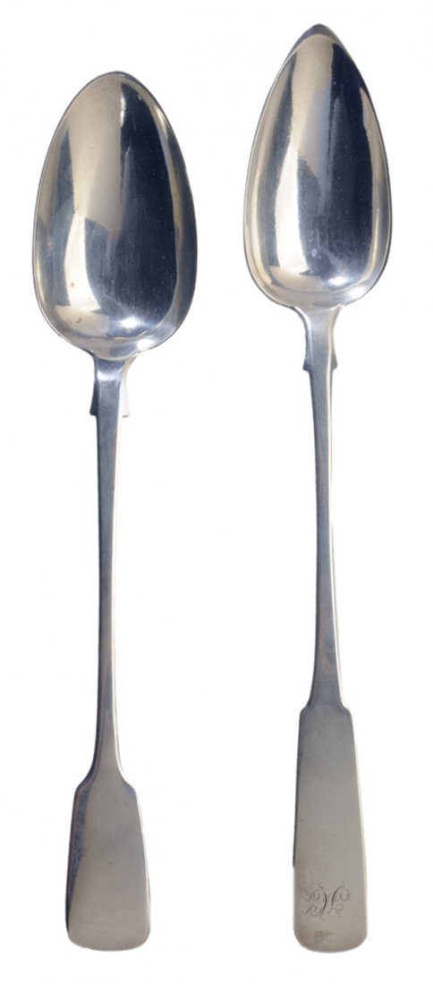 Two English Silver Stuffing Spoons: downturned fiddle handles: one with marks for London, 1848, maker "RW", no monogram, 11-3/4 in.; one Scottish with marks for Edinburgh, 1815, maker possibly "RK", monogram, 12-1/2 in., .925 fine, 7.31