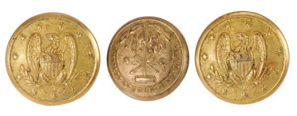 Three Confederate Uniform Buttons: one with state seal of South Carolina in center and [Animis Opirusque Parati,] (Prepared in Minds and Resources), stamped verso "Horstmann & Allen NY", 7/8 in.; two CSA buttons, eagle with drooping wi