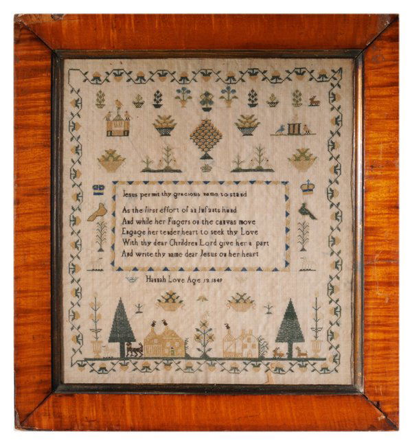 1849 Needlework: probably British, signed "Hannah Love Age 13 1849" below six-line verse, strawberry vine border, silk on linen, 14 x 13 in. (sight); probably original frame, losses to linen lower left, fading; frame