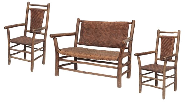 Three-Piece Rustic Settee and Two: Chairs American, 20th century, possibly Old Hickory, oak split backs and seats, rustic frames in hickory and other mixed woods, settee 35 x 49 x 26 in., two chairs 39 x 23 x 22 in., stained oak split 