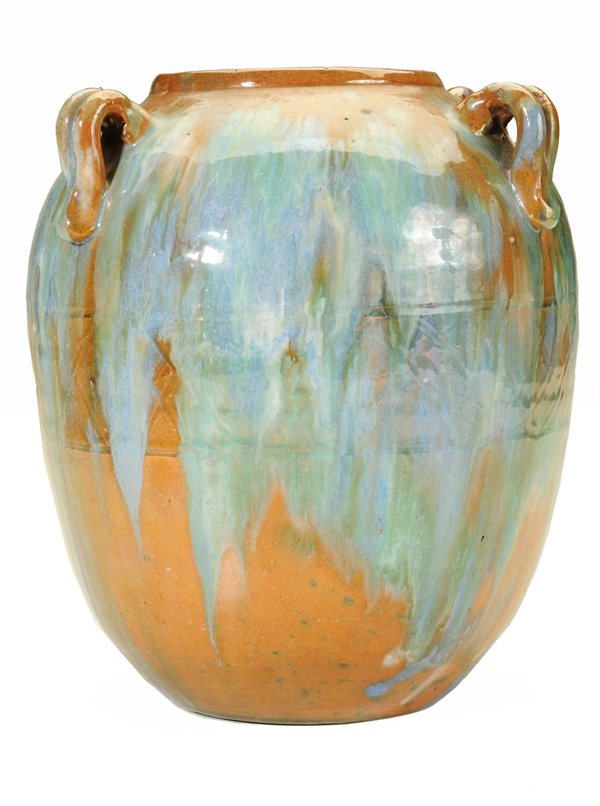 J.H. Owen Glazed Redware Jar: band of faint incised decoration under runny blue-green glaze, four lug handles, base with impressed circular mark "J.H. Owen" (Seagrove, North Carolina, born 1866), 9-1/2 in., excellent condition Pro
