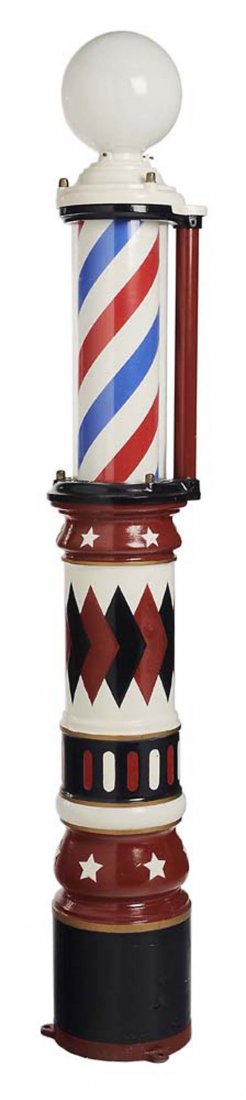 Fine Vintage Paint-Decorated Electric: Barber Pole stamped by "James Barker, Inc., Phila. Pa.", circa 1911, column form, bright red, white and blue paint, barber pole spins inside glass casing, 82-1/2 in., good quality repaint with scatter
