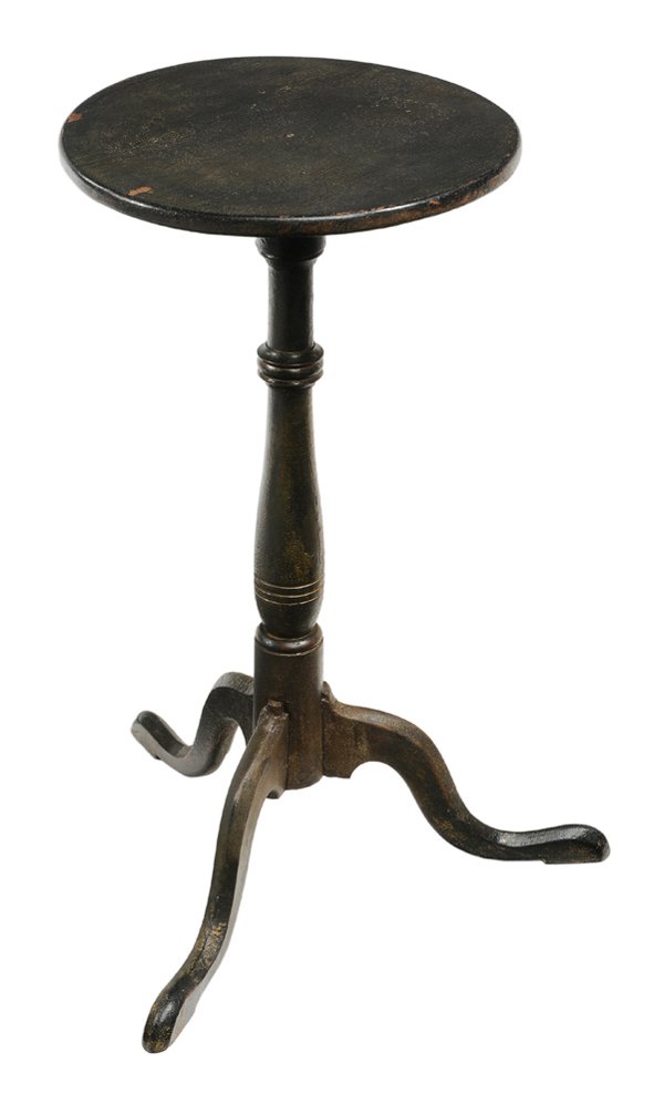 Federal Paint-Decorated Candle Stand: American, late 18th/early19th century, old dark-green painted surface, 28-1/4 x 14-1/2 x 15 in., break and repair to one leg with plugged screws, repairs, minor losses and infill at joint of legs to s