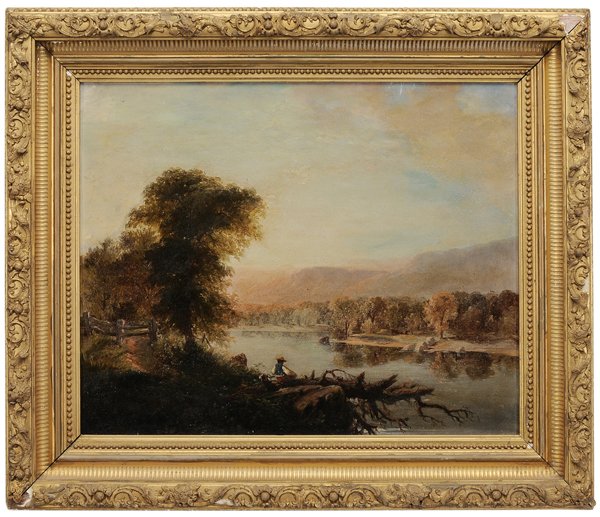 Hudson River School: (19th century) Figure by a River, unsigned, oil on canvas, 16-5/8 x 21 in.; original 19th century gilt wood and composition frame, original stretcher and tacking edge, canvas loose, flaking, scattered