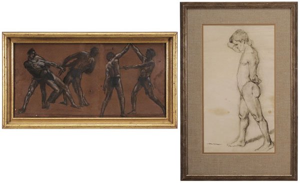 Arthur Bowen Davies: Men Fighting with Knives, signed lower middle "Arthur B. Davies", charcoal on brown paper, 3-1/4 x 27-1/4 in., [water stains top and sides, abrasions, not examined out of frame, original gilt wood fra