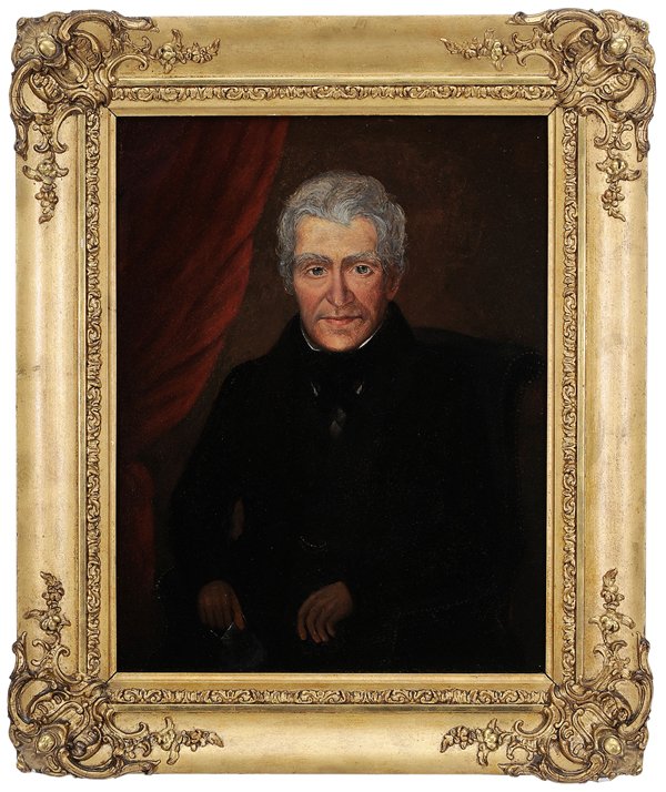 American School, Andrew Jackson: (19th century) unsigned, "Dimes & Elam, London" stamped verso, oil on artistboard with "William Young Aberdeen" colorman label verso, 18 x 14 in.; 19th century gilt wood frame, crackle, scattered reto