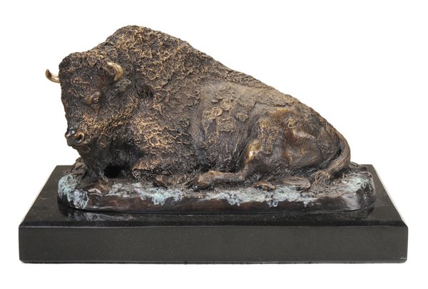 After Farthington Elwell: (American, 1874-1962) Recumbent Buffalo, probably a modern casting, cast signature "Farthington Elwell ©", patinated bronze with touches of [verdigris] and mounted on black marble base, 7-1/2 x 14-1/