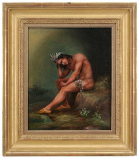 American School: The Dying Chief: Contemplating the Progress of Civilization, after Thomas Crawford (1813-1857), unsigned, oil on canvas, 15-7/8 x 13-3/8 in.; modern gilt wood frame, lined with linen, restretched on o