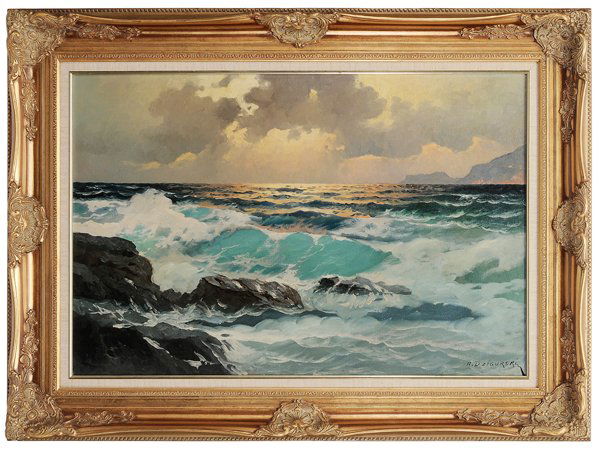 Alexander Dzigurski: (California, 1911-1985) Rocky Coast at Sunset, signed lower right "A. Dzigurski" with artist's stamps verso, oil on canvas, 24 x 36 in.; gilt wood and composition frame, original stretcher and tacking
