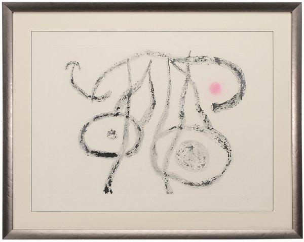 Joan Miró: (Spanish, 1893-1983) [Le porteur d'eau,] black abstract with pink circle, edition 19/75, signed lower right in pencil "Miró", color etching and aquatint on paper, 20-1/8 x 31 in. (plate), 29 x 41 in.