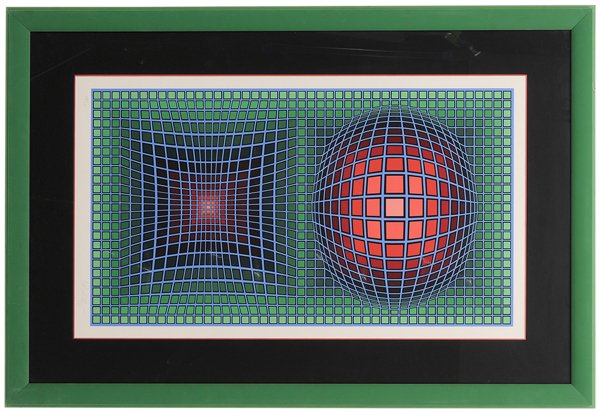 Victor Vasarely: (Hungarian/French, 1908-1997) Composition in orange, red and violet, edition 103/250, signed lower right in pencil "Vasarely", in pencil verso "Uran II", polychromed serigraph on paper, 24-1/4 x 24-3/